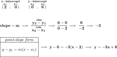 \bf \stackrel{x-intercept}{(\stackrel{x_1}{2}~,~\stackrel{y_1}{0})}\qquad \stackrel{y-intercept}{(\stackrel{x_2}{0}~,~\stackrel{y_2}{6})} \\\\\\ slope = m\implies \cfrac{\stackrel{rise}{ y_2- y_1}}{\stackrel{run}{ x_2- x_1}}\implies \cfrac{6-0}{0-2}\implies \cfrac{6}{-2}\implies -3 \\\\\\ \begin{array}{|c|ll} \cline{1-1} \textit{point-slope form}\\ \cline{1-1} \\ y-y_1=m(x-x_1) \\\\ \cline{1-1} \end{array}\implies y-0=-3(x-2)\implies y=-3x+6