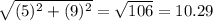 \sqrt{(5)^2+(9)^2} =\sqrt{106} =10.29