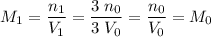 \displaystyle M_{1} = \frac{n_{1}}{V_{1}} = \frac{3\;n_{0}}{3\;V_{0}} = \frac{n_{0}}{V_{0}} = M_{0}