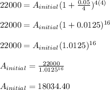 22000=A_{initial}(1+\frac{0.05}{4})^{4(4)}\\\\22000=A_{initial}(1+0.0125)^{16}\\\\22000=A_{initial}(1.0125)^{16}\\\\A_{initial}=\frac{22000}{1.0125^{16}}\\\\A_{initial}=18034.40