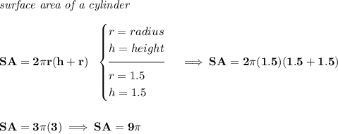\bf \textit{surface area of a cylinder}\\\\ SA=2\pi r(h+r)~~ \begin{cases} r=radius\\ h=height\\[-0.5em] \hrulefill\\ r=1.5\\ h=1.5 \end{cases}\implies SA=2\pi (1.5)(1.5+1.5) \\\\\\ SA=3\pi (3)\implies SA=9\pi