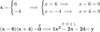 \bf x= \begin{cases} 6\\ -4 \end{cases}\implies \begin{cases} x=6\implies &x-6=0\\ x=-4\implies &x+4=0 \end{cases} \\\\\\ (x-6)(x+4)=\stackrel{y}{0}\implies \stackrel{\mathbb{F~O~I~L}}{1x^2-2x-24}=y