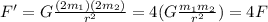 F'=G\frac{(2m_1)(2m_2)}{r^2}=4(G\frac{m_1 m_2}{r^2})=4F