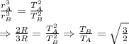 \frac{r_A^3}{r_B^3} = \frac{T_A^2}{T_B^2} \\ \Rightarrow \frac{2R}{3R}=\frac{T_A^2}{T_B^2} \Rightarrow \frac{T_B}{T_A}=\sqrt{\frac{3}{2}}
