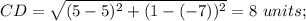 CD=\sqrt{(5-5)^2+(1-(-7))^2}=8\ units;