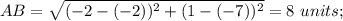 AB=\sqrt{(-2-(-2))^2+(1-(-7))^2}=8\ units;