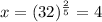 x=(32)^{\frac{2}{5}}=4