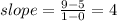 slope = \frac{9-5}{1-0}=4