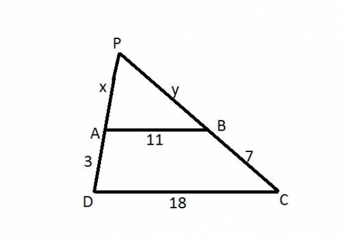 In a trapezoid the lengths of bases are 11 and 18. the lengths of legs are 3 and 7. the extensions o