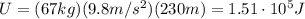 U=(67 kg)(9.8 m/s^2)(230 m)=1.51\cdot 10^5 J