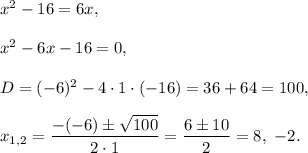 x^2-16=6x,\\ \\x^2-6x-16=0,\\ \\D=(-6)^2-4\cdot 1\cdot (-16)=36+64=100,\\ \\x_{1,2}=\dfrac{-(-6)\pm \sqrt{100}}{2\cdot 1}=\dfrac{6\pm 10}{2}=8,\ -2.