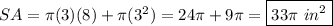 SA=\pi(3)(8)+\pi(3^2)=24\pi+9\pi=\boxed{33\pi\ in^2}