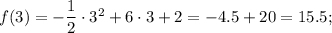 f(3)=-\dfrac{1}{2}\cdot 3^2+6\cdot 3+2=-4.5+20=15.5;