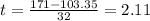 t=\frac{171-103.35}{32}=2.11
