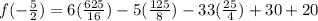 f(-\frac{5}{2} )=6(\frac{625}{16} )-5(\frac{125}{8} )-33(\frac{25}{4} )+30+20