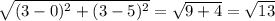 \sqrt{(3-0)^{2}+(3-5)^{2}}= \sqrt{9+4} =\sqrt{13}