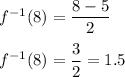 f^{-1}(8)=\dfrac{8-5}{2}\\ \\f^{-1}(8)=\dfrac{3}{2}=1.5