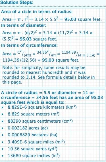 Find the area of a circle with a circumference of 11pi feet