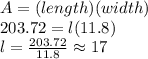 A=(length)(width)\\203.72=l(11.8)\\l=\frac{203.72}{11.8}\approx 17