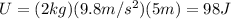 U=(2 kg)(9.8 m/s^2)(5 m)=98 J