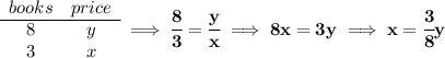 \bf \begin{array}{ccll} books&price\\ \cline{1-2} 8&y\\ 3&x \end{array}\implies \cfrac{8}{3}=\cfrac{y}{x}\implies 8x=3y\implies x=\cfrac{3}{8}y
