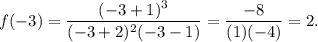\displaystyle f(-3) = \frac{(-3+1)^3}{(-3+2 )^2(-3-1)} = \frac{-8}{(1)(-4)} = 2.