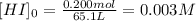 [HI] _0=\frac{0.200mol}{65.1L}=0.003M