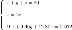 \left\{\begin{array}{l}x+y+z=80\\ \\x=2z\\ \\16x+9.60y+12.80z=1,072\end{array}\right.