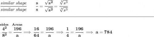 \bf \cfrac{\textit{similar shape}}{\textit{similar shape}}\qquad \cfrac{s}{s}=\cfrac{\sqrt{s^2}}{\sqrt{s^2}}=\cfrac{\sqrt[3]{s^3}}{\sqrt[3]{s^3}} \\\\[-0.35em] \rule{34em}{0.25pt}\\\\ \stackrel{sides}{\cfrac{4^2}{8^2}}=\stackrel{Areas}{\cfrac{196}{a}}\implies \cfrac{16}{64}=\cfrac{196}{a}\implies \cfrac{1}{4}=\cfrac{196}{a}\implies a=784