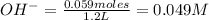 OH^-=\frac{0.059moles}{1.2L}=0.049M