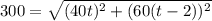 300 = \sqrt{(40t)^{2}+(60(t - 2))^{2}}