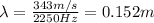 \lambda=\frac{343 m/s}{2250 Hz}=0.152 m