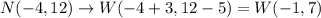N(-4,12)\rightarrow W(-4+3,12-5)=W(-1,7)