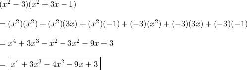 (x^2-3)(x^2+3x-1)\\\\=(x^2)(x^2)+(x^2)(3x)+(x^2)(-1)+(-3)(x^2)+(-3)(3x)+(-3)(-1)\\\\=x^4+3x^3-x^2-3x^2-9x+3\\\\=\boxed{x^4+3x^3-4x^2-9x+3}