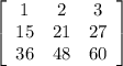 \left[\begin{array}{ccc}1&2&3\\15&21&27\\36&48&60\end{array}\right]