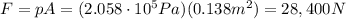 F=pA=(2.058\cdot 10^5 Pa)(0.138 m^2)=28,400 N