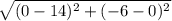 \sqrt{(0-14)^{2}+ (-6-0)^{2}}