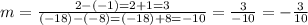 m=\frac{2-(-1)=2+1=3}{(-18)-(-8)=(-18)+8=-10}=\frac{3}{-10}=-\frac{3}{10}