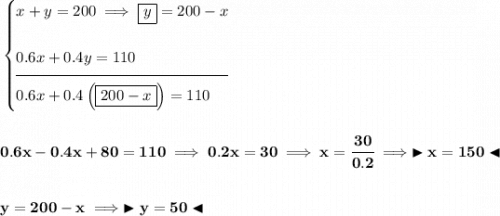 \bf \begin{cases} x+y=200\implies \boxed{y}=200-x\\\\ 0.6x+0.4y=110\\[-0.5em] \hrulefill\\ 0.6x+0.4\left( \boxed{200-x} \right)=110 \end{cases} \\\\\\ 0.6x-0.4x+80=110\implies 0.2x=30\implies x=\cfrac{30}{0.2}\implies \blacktriangleright x=150 \blacktriangleleft \\\\\\ y=200-x\implies \blacktriangleright y=50 \blacktriangleleft
