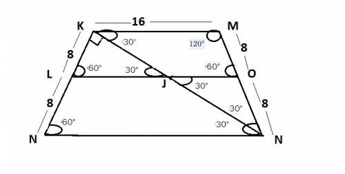 Given:  mnok is a trapezoid, mn=ok, m∠m=60°, nk ⊥ mn , mk=16cm find:  the midsegment of mnok. need