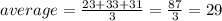 average=\frac{23+33+31}{3}=\frac{87}{3}=29
