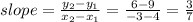 slope =\frac{y_2-y_1}{x_2-x_1} =\frac{6-9}{-3-4}=\frac{3}{7}