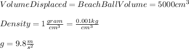 VolumeDisplaced=BeachBallVolume=5000cm^{3}\\\\Density=1\frac{gram}{cm^{3} }=\frac{0.001kg}{cm^{3} }\\\\g=9.8\frac{m}{s^{2} }