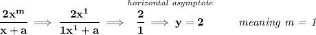 \bf \cfrac{2x^m}{x+a}\implies \cfrac{2x^1}{1x^1+a}\implies \stackrel{\textit{horizontal asymptote}}{\cfrac{2}{1}\implies y=2}\qquad \textit{meaning m = 1}
