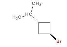 Draw a structural formula for trans-1-bromo-3-isopropylcyclobutane.