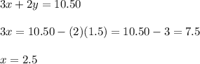 3x+2y=10.50\\\\3x=10.50-(2)(1.5)=10.50-3=7.5\\\\x=2.5