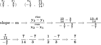 \bf (\stackrel{x_1}{\frac{2}{7}}~,~\stackrel{y_1}{\frac{3}{7}})\qquad (\stackrel{x_2}{-\frac{1}{7}}~,~\stackrel{y_2}{\frac{13}{14}}) \\\\\\ slope = m\implies \cfrac{\stackrel{rise}{ y_2- y_1}}{\stackrel{run}{ x_2- x_1}}\implies \cfrac{\frac{13}{14}-\frac{3}{7}}{~~-\frac{1}{7}-\frac{2}{7}~~}\implies \cfrac{~~\frac{13-6}{14}~~}{-\frac{3}{7}} \\\\\\ \cfrac{~~\frac{7}{14}~~}{-\frac{3}{7}}\implies \cfrac{7}{14}\cdot \cfrac{-7}{3}\implies \cfrac{1}{2}\cdot \cfrac{-7}{3}\implies -\cfrac{7}{6}