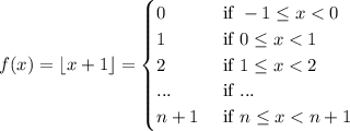 f(x)=\left \lfloor x+1 \right \rfloor=\begin{cases}0 & \text{ if } -1\leq x