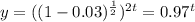 y=((1-0.03)^{\frac{1}{2}})^{2t}=0.97^t