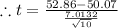 \therefore t=\frac{52.86-50.07}{\frac{7.0132}{\sqrt{10}} }